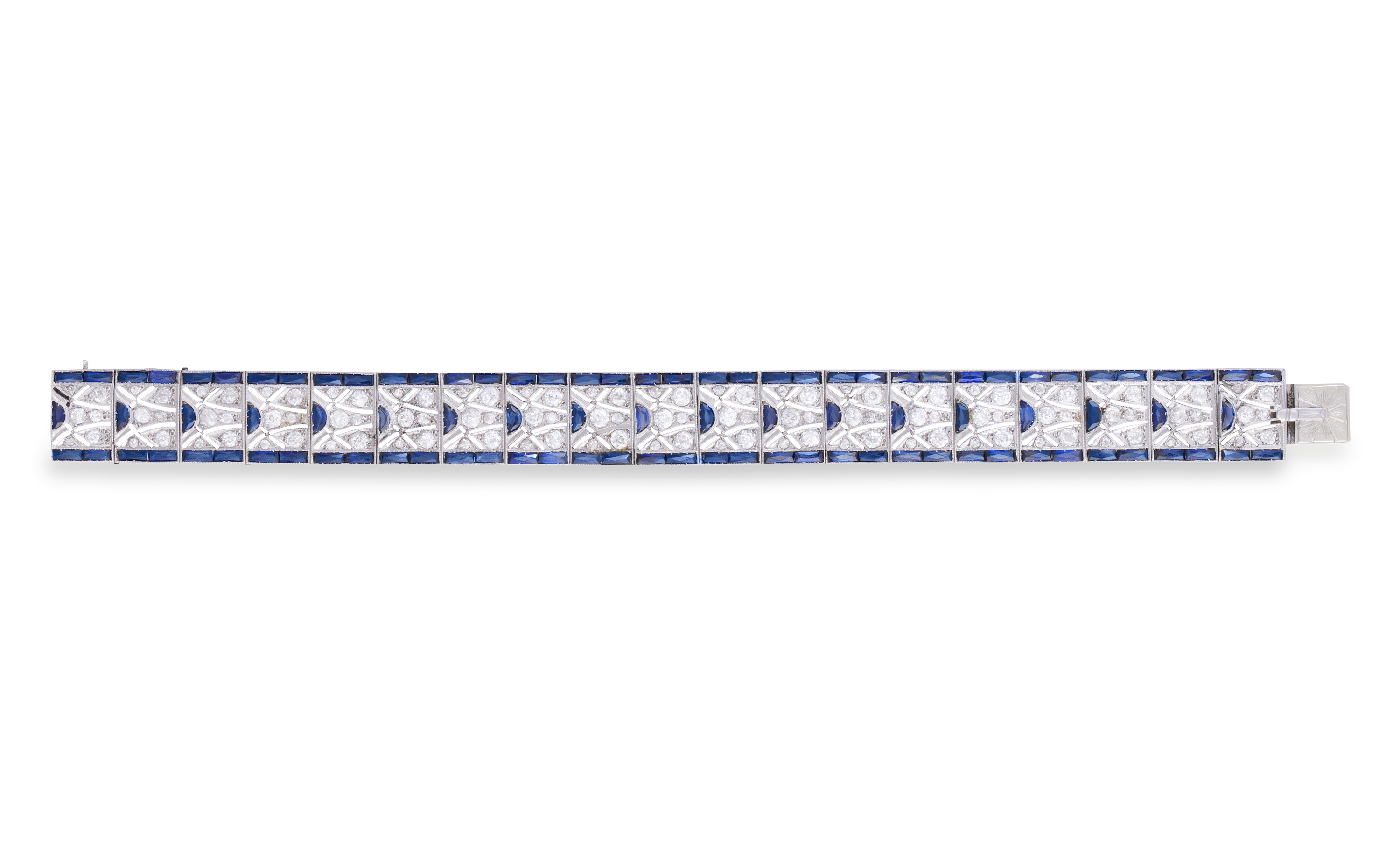 AN ART DECO DIAMOND AND SAPPHIRE BRACELET, CIRCA 1925The articulated strap of geometric design, - Image 2 of 2