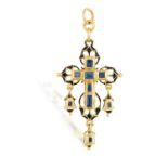 A 19TH CENTURY 'MEDIEVAL REVIVAL' GEM-SET & ENAMEL CROSS PENDANT, CIRCA 1845 The Latin cross set