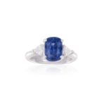 A SAPPHIRE AND DIAMOND RINGThe cushion-shaped sapphire weighing approximately 4.60cts, within a