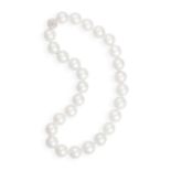 A CULTURED PEARL NECKLACE WITH SAPPHIRE CLASPComposed of a single strand of round slightly graduated