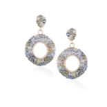 A PAIR OF SAPPHIRE AND DIAMOND PENDENT EARRINGSEach hoop set with oval-shaped blue and green