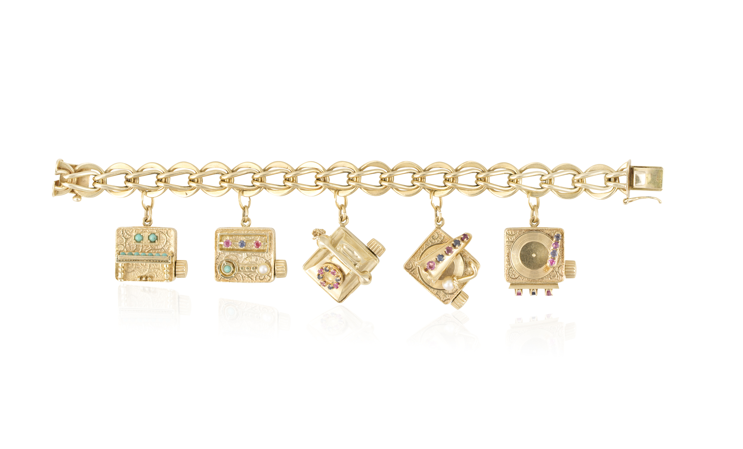 A GEM-SET AND GOLD CHARM BRACELET, CIRCA 1960The fancy-link chain suspending five large charms - Image 3 of 3