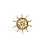 A SAPPHIRE AND DIAMOND NOVELTY BROOCHDesigned as a stylised ship's wheel, set with calibré-cut