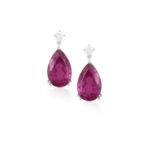 A PAIR OF RUBELLITE AND DIAMOND PENDENT EARRINGEach pear-shaped rubellite tourmaline drop weighing