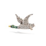 A LATE 19TH CENTURY DIAMOND AND ENAMEL NOVELTY BROOCH, 1890Designed as a flying duck, the feathers