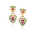 A PAIR OF GEM-SET PENDENT EARRINGS, CIRCA 1990Each designed as a bombé scalloped plaque, centrally