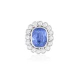 A SAPPHIRE AND DIAMOND CLUSTER RINGThe cushion-shaped sapphire within collet-setting weighing 7.