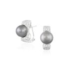 A PAIR OF CULTURED PEARL AND DIAMOND EARRINGSEach round-shaped Tahitian pearl of grey tint, within a