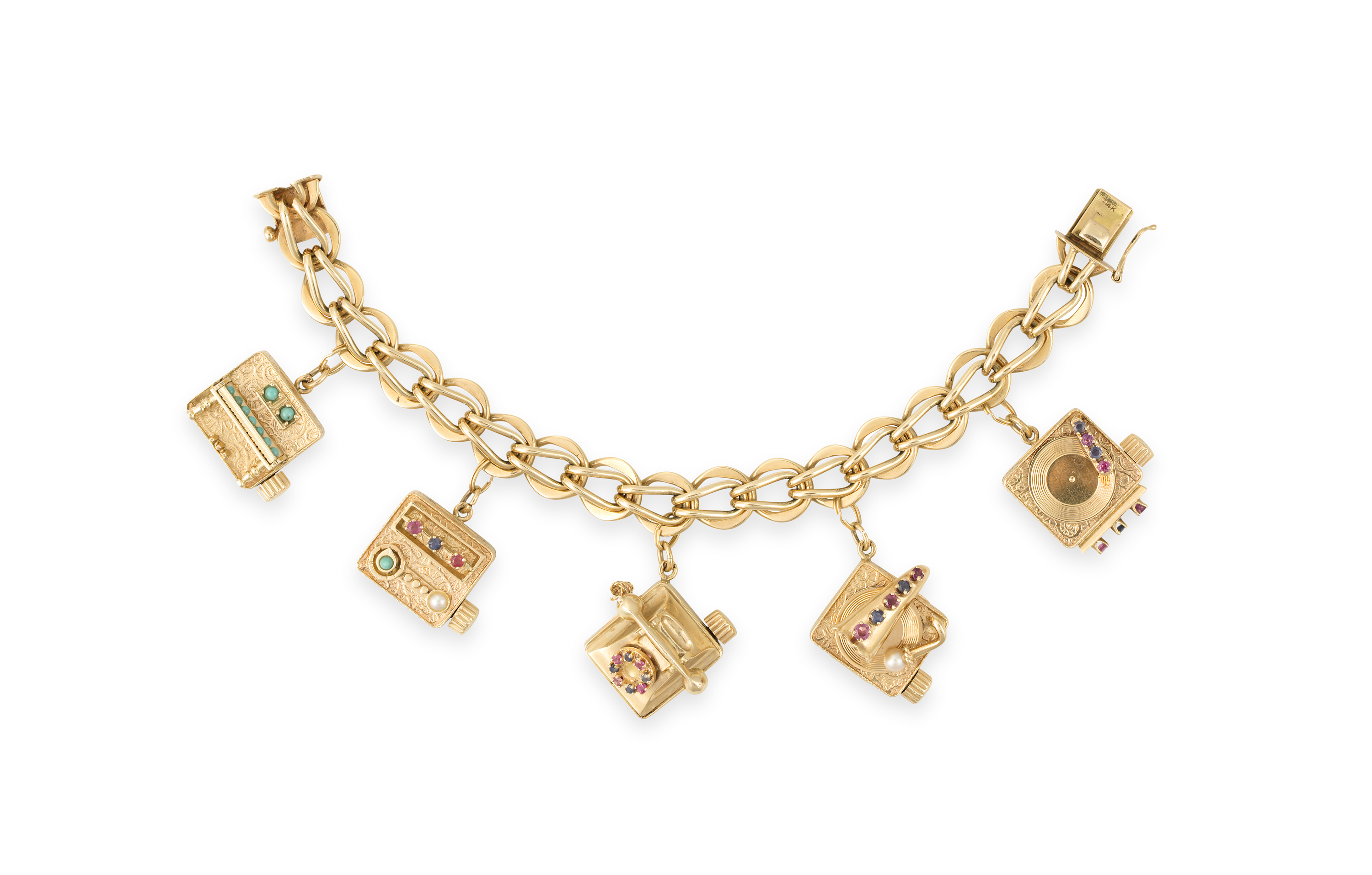 A GEM-SET AND GOLD CHARM BRACELET, CIRCA 1960The fancy-link chain suspending five large charms