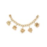 A GEM-SET AND GOLD CHARM BRACELET, CIRCA 1960The fancy-link chain suspending five large charms