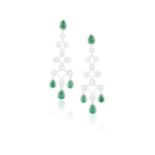 A FINE PAIR OF EMERALD AND DIAMOND PENDENT EARRINGSOf stylised chandelier design, each set with a