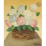 Bibi ZOGBE [libanaise] (1890-1973) Hortensias Huile sur carton. Signée en bas à droite. 58.5 x 47.