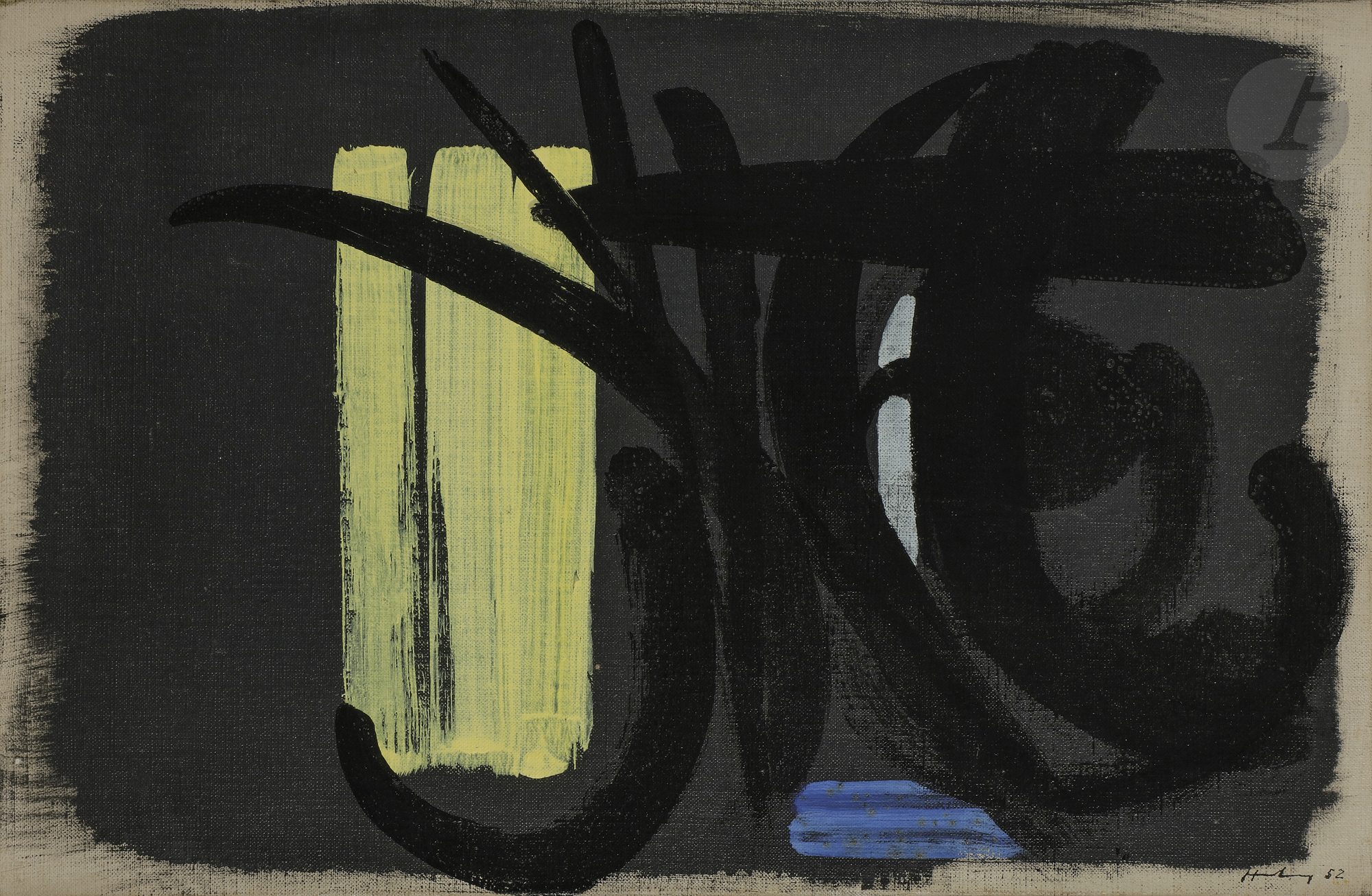 Hans HARTUNG (1904-1989) T1952-34, 1952 Huile sur toile. Signée et datée en bas à droite. 27 x 41 cm