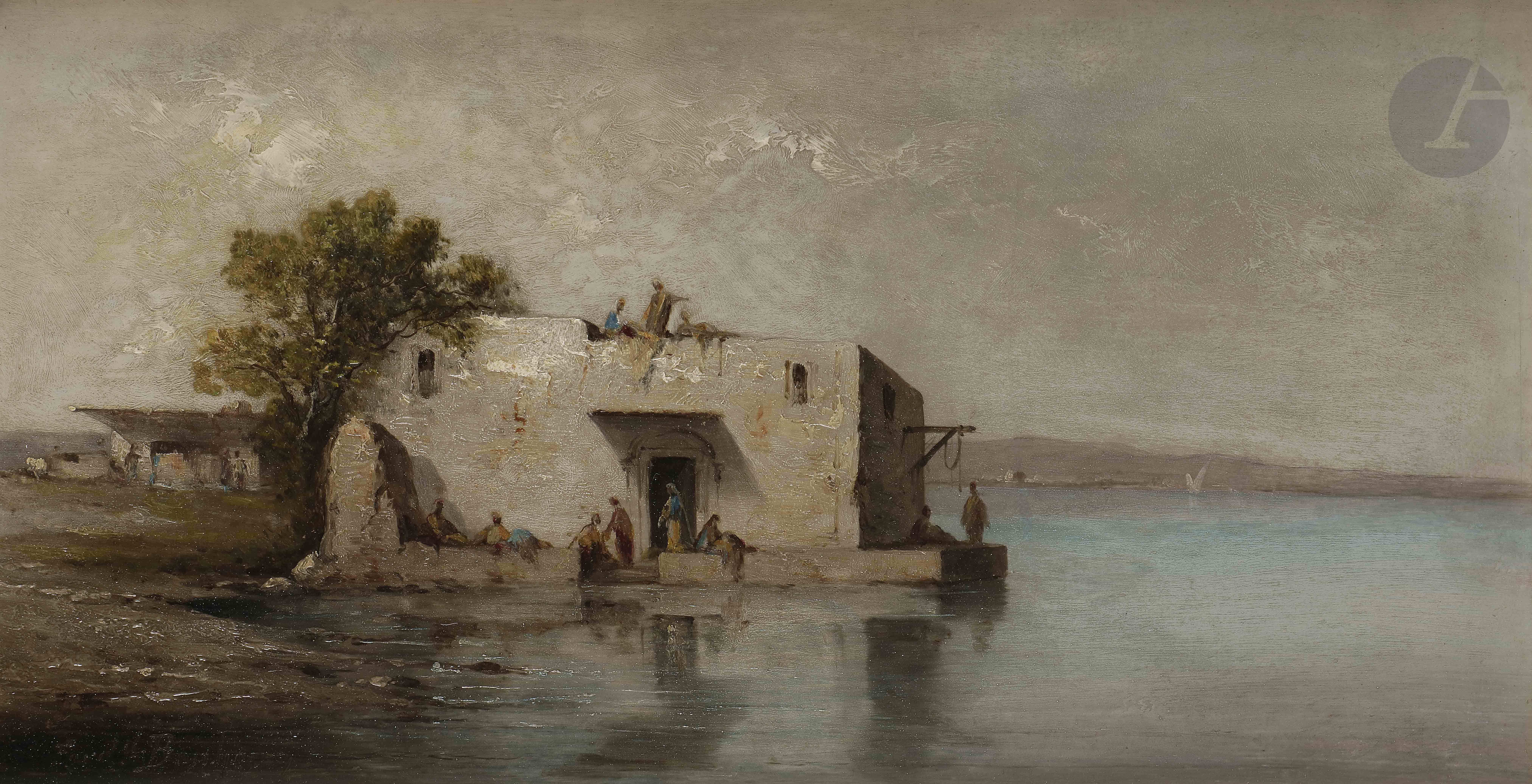 Ferdinand BONHEUR (1817-1887) Orientaux près d'un lac Huile sur panneau. Signée en bas à gauche.