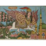 Al-Buraq L'animal composite à tête de femme couronnée, corps de cheval et ailes d'oiseau survole une