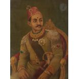 Trois portraits de Rajas, Rajasthan, XXe siècle Huiles sur toile. - Maharaja de Bénarès assis,