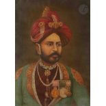 Quatre portraits de Rajas, Rajasthan, début XXe siècle Huiles sur toile et gouache sur papier. -