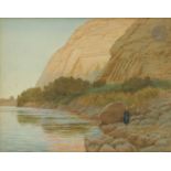 Henry James HOLIDAY (1839-1927) Paysage à Abou Simbel Aquarelle. Signée en bas à droite. 21 x 27 cm