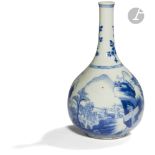 CHINE - XVIIe siècle Vase bouteille en porcelaine bleu blanc à décor d'une rivière entourée de