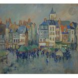 Robert-Antoine PINCHON (1886-1943) Pont-Audemer, le marché Huile sur toile. Signée en bas à