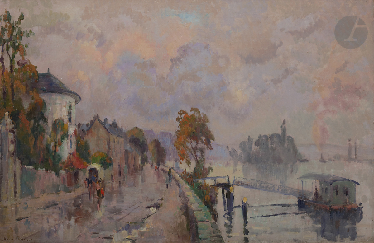 Robert-Antoine PINCHON (1886-1943) Temps de pluie à Dieppedalle, passage du bac Huile sur toile.