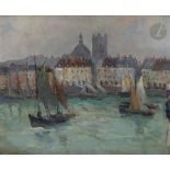 Robert-Antoine PINCHON (1886-1943) Flottille de bateaux de pêche dans le port de Dieppe Huile sur