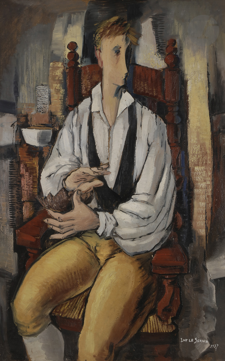 *Ismaël de LA SERNA (1897-1968) Jeune garçon au fauteuil, 1937 Huile sur carton. Signée et datée