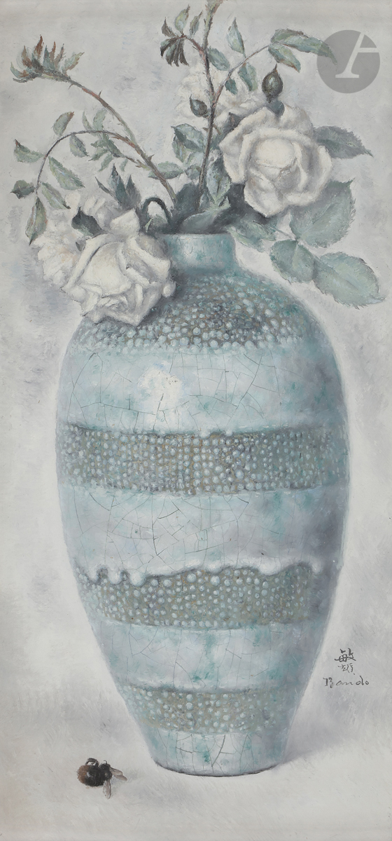 Toshio BANDO [japonais] (1895-1973) Roses aux vases Primavera, vers 1925-30 Huile sur panneau.