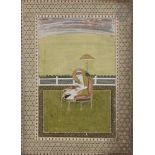 Portrait de l'Empereur Aurangzeb en trône sur une terrasse, page d'album, Inde moghole, Murshidabad,