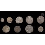 ABBASSIDES - SAMANIDES - BOUYIDES 9 dirhams d'argent, 4 sans date, 5 datés entre 341 H / 952 et