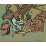 REVEREND PERE A J. THAMBURAJ SJ (né en 1939) Deux hommes sous un arbre, 1973 Gouache sur papier.