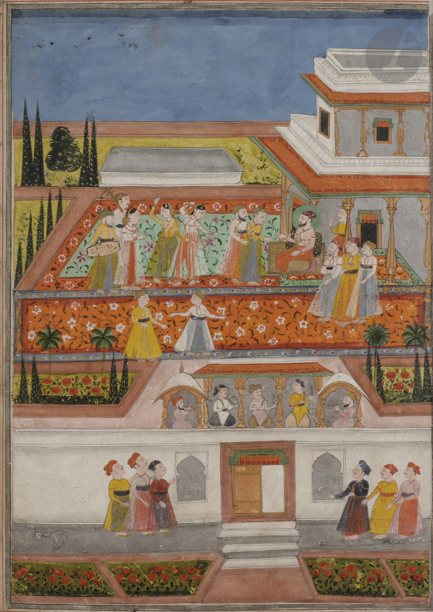 Scène de divertissement dans un jardin, Deccan, XIXe siècle Page de manuscrit, gouache sur papier.