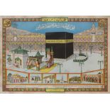 Certificat de pèlerinage imprimé en polychromie, représentant la Ka'aba et son enceinte, Arabie,