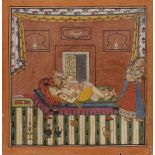 L'étreinte des amants, dans le style de Basohli, Inde du Haut Pendjab, XXe siècle Gouache polychrome