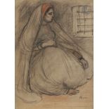 André SUREDA (1872-1930) Femme orientale assise Fusain et pastel. Signé en bas à droite. 30 x 22 cm