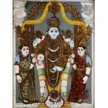 Vishnu entouré d'orantes, fixé sous verre, Inde du Sud, Tanjore, début XXe siècle Le dieu est debout