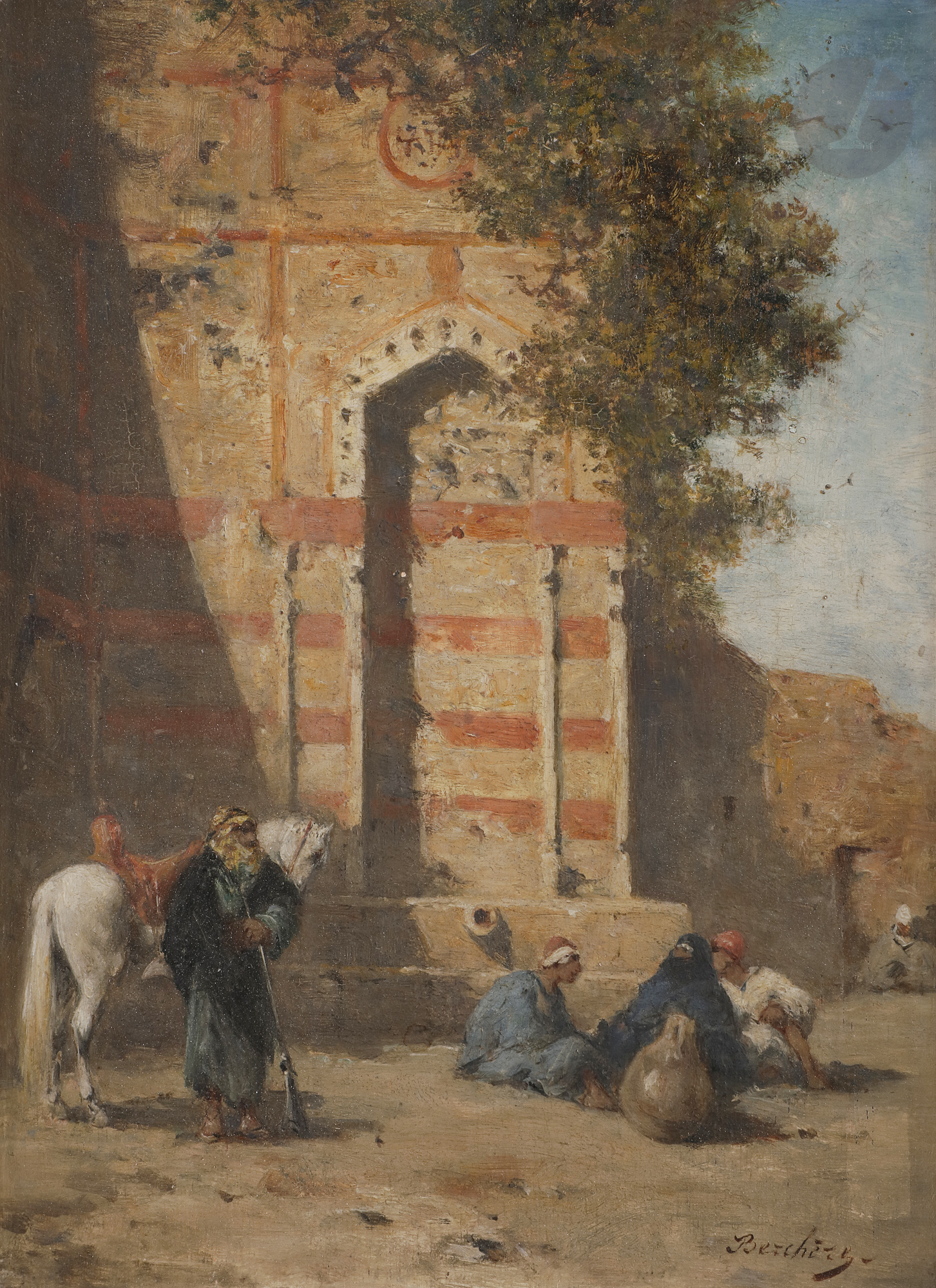 Narcisse BERCHERE (1819-1891) Le Caire, fontaine de la Mosquée Kaid-Bey Huile sur panneau. Signée en