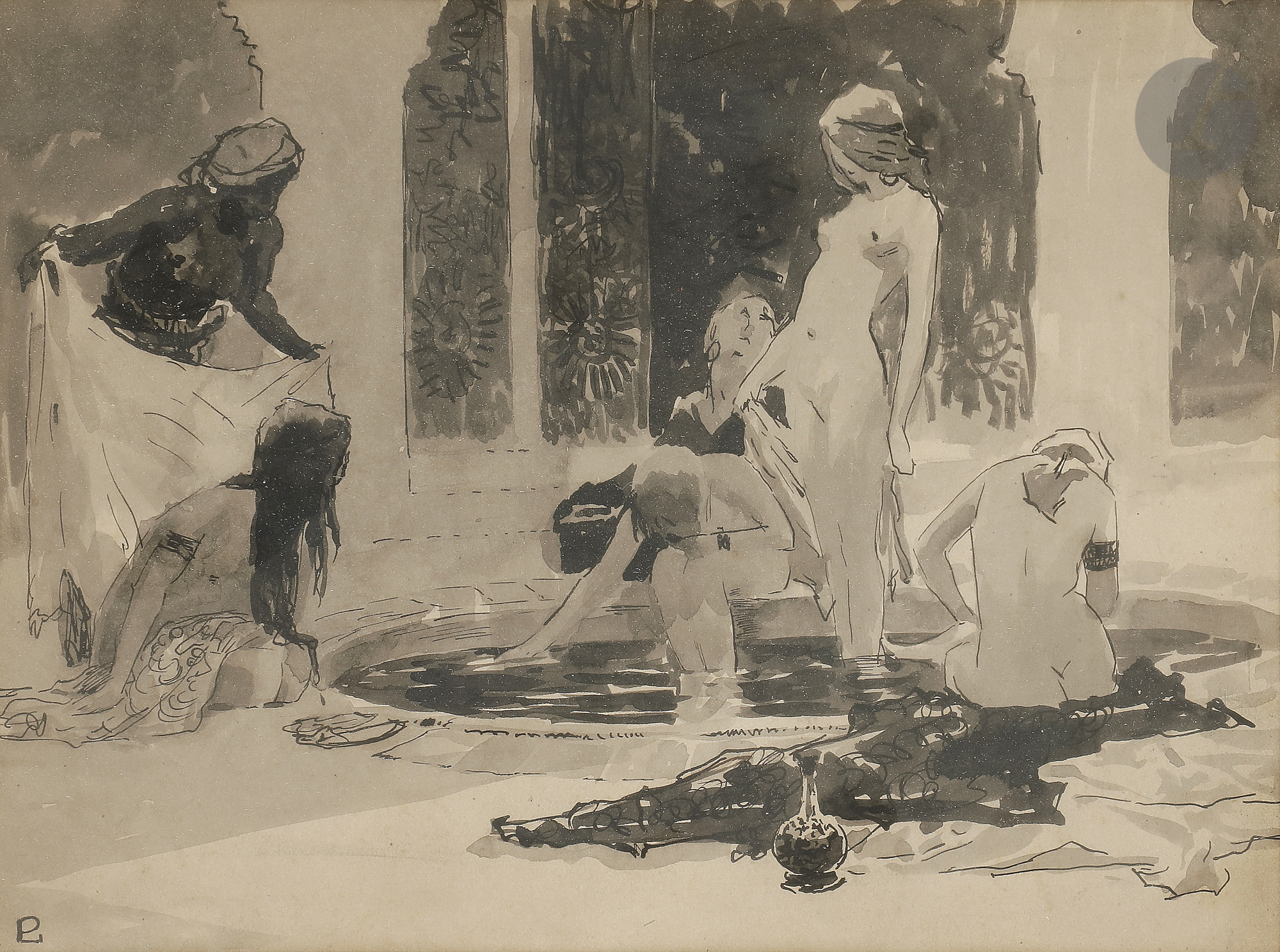 Paul LEROY (1860-1942) Baigneuses orientales Encre et lavis d'encre. Monogrammé en bas à gauche.