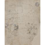 Scène de fauconnerie avec Ram Singh, dessin sur papier, Inde, Rajasthan, Bundi ou Kotah, XVIIIe