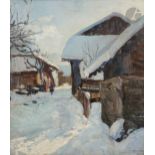 Alfred SWIEYKOWSKI (1869-1953) Village sous la neige Huile sur carton. Signée en bas à droite. 55,