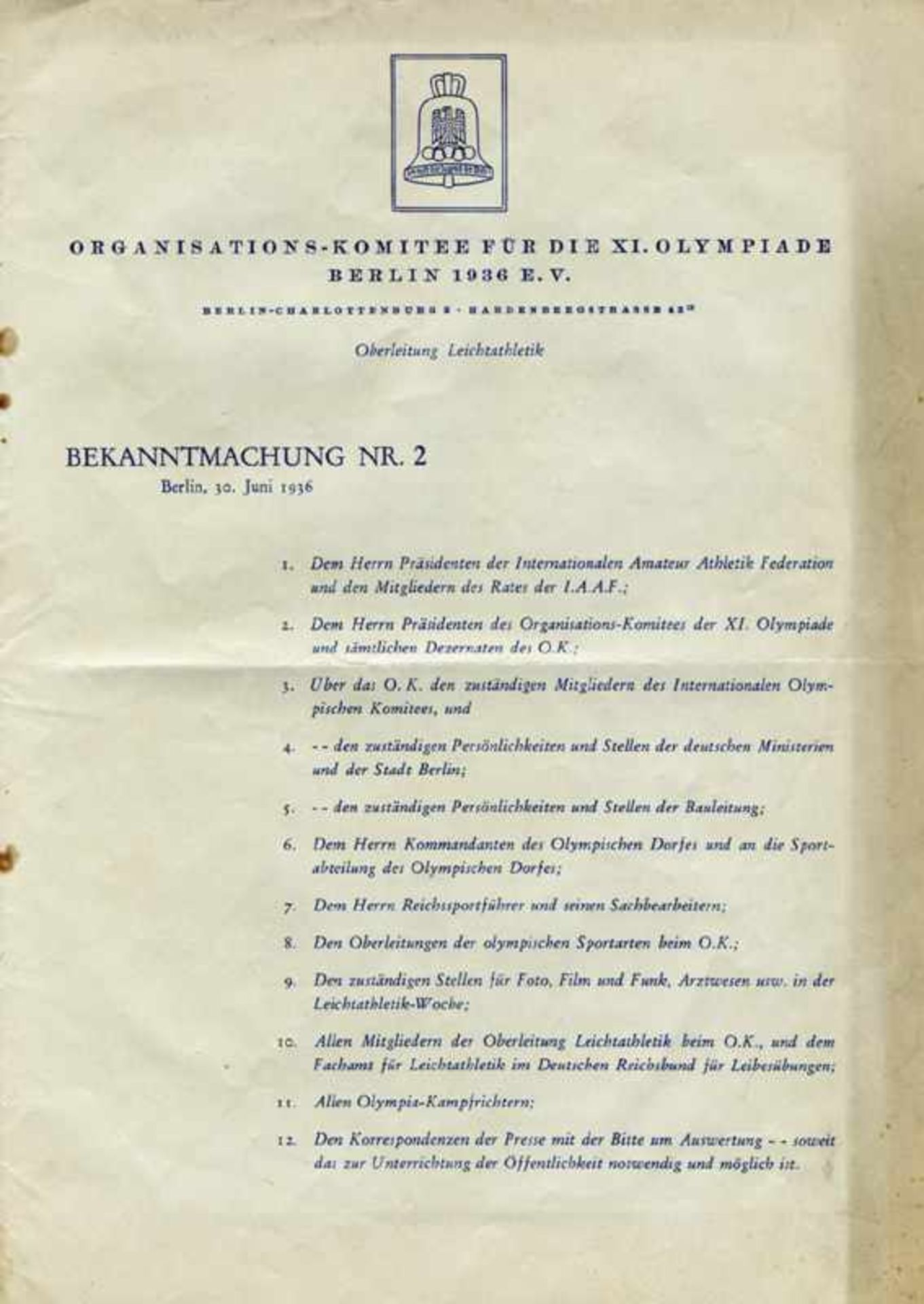 Olympic Games Berlin 1936 Official Information - Official information no. 2 dated 30th July 1936