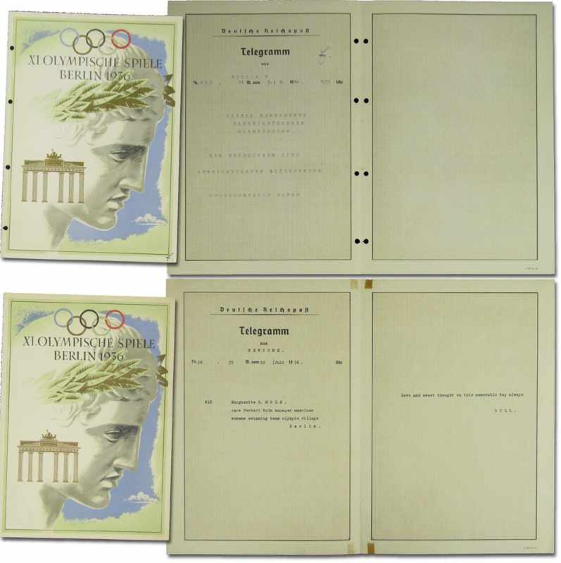 Olympic Games Berlin 1936 2 Official Telegrams - Two official Olympic Games telegrams from the
