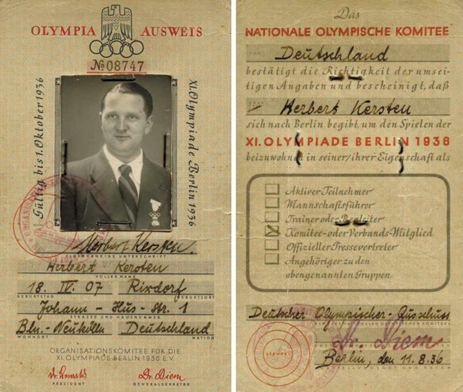 Olympic Games Berlin 1936 ID Card - Official Olympic ID card no. 08747 Herber Kersten, senior