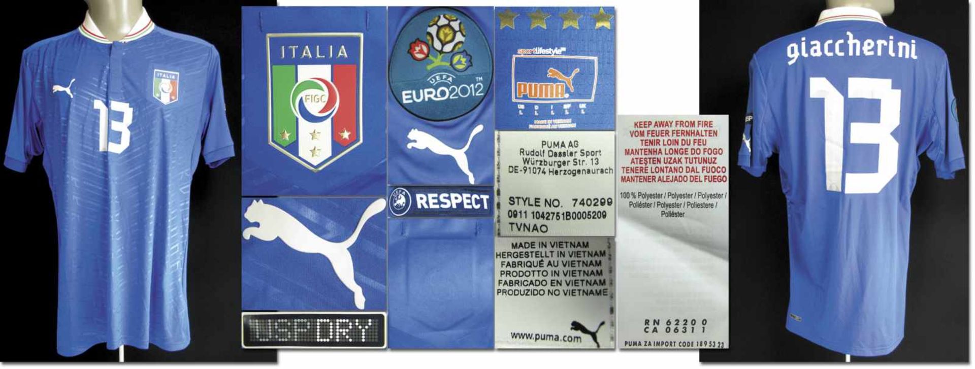 UEFA Euro 2012 match worn football shirt Italia - Original match worn shirt italy with number 13.