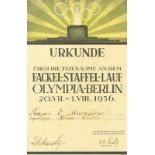 Olympic games 1936. Diploma for Torch bearer - original Diploma for a Torch Bearer:„Urkunde über die