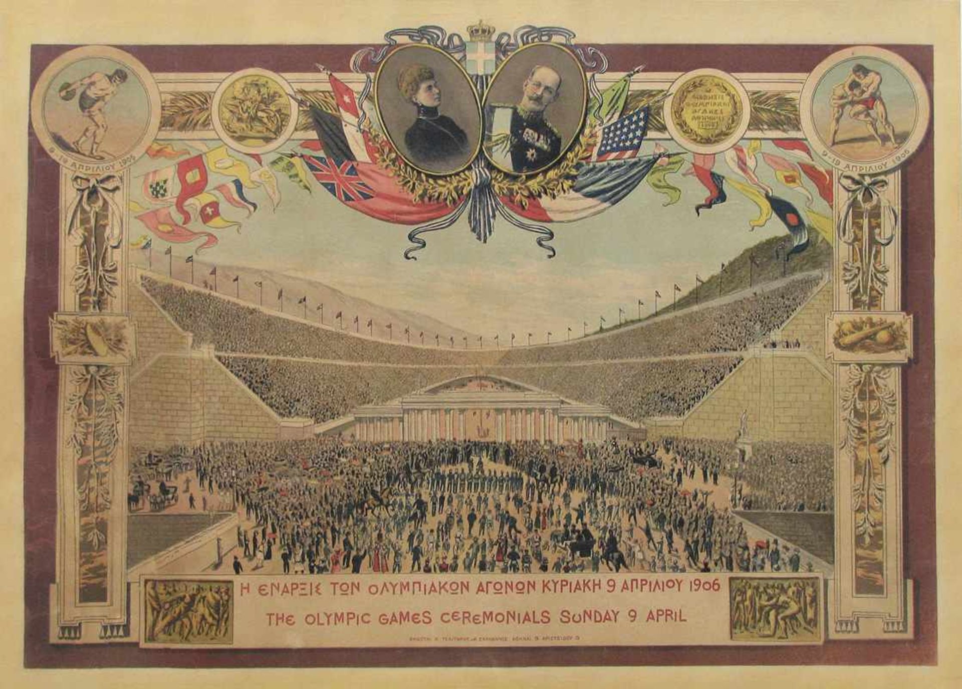 Poster Olympic Games Athen 1906 - Poster "The Olympic Games Ceremonials Sunday 9 April". 69 x 49 cm.