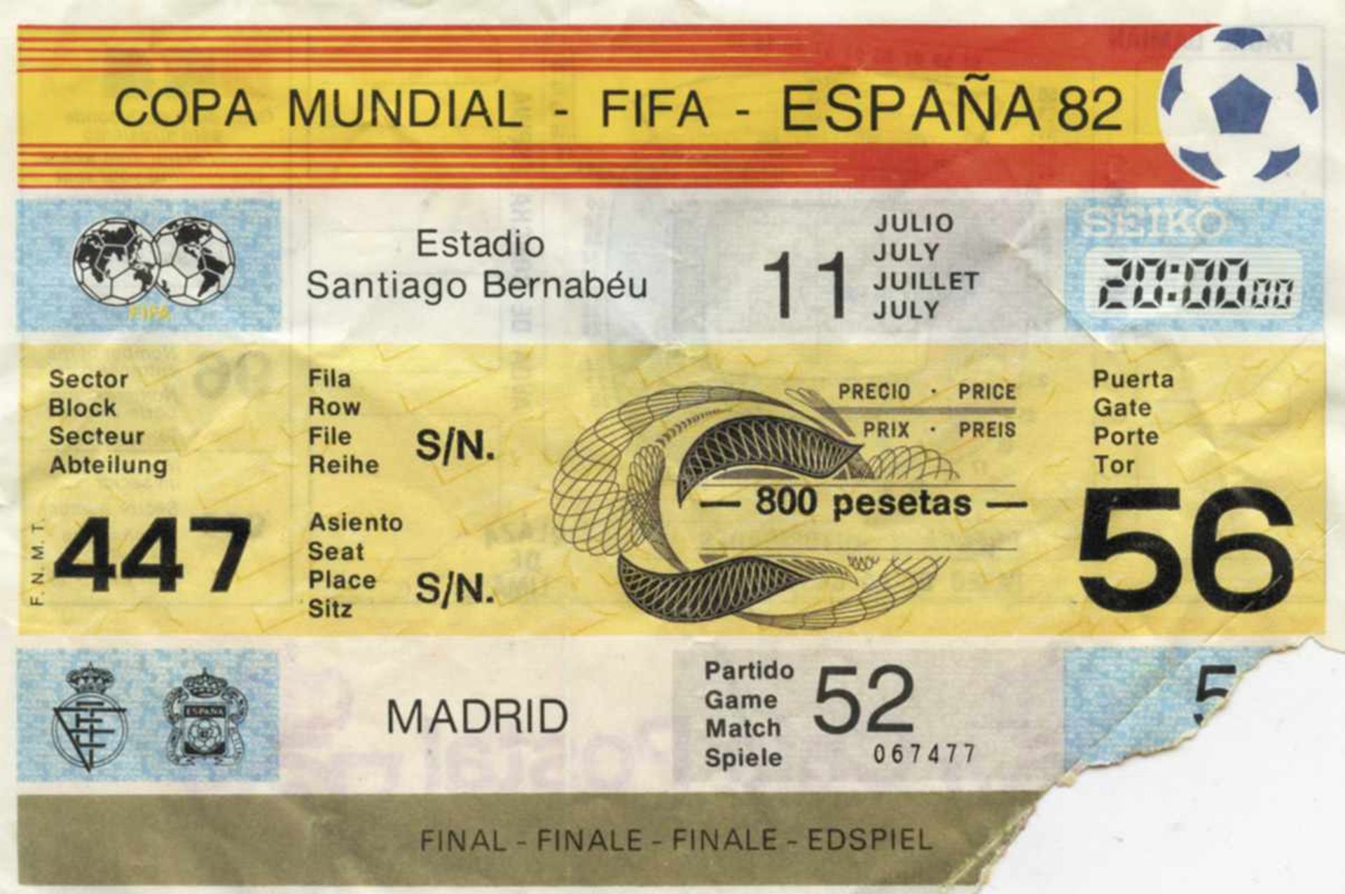 FIFA World Cup 1982 Ticket Final Italy vs Germany - (3-1), on 11th July, 1982 in Madrid. Size