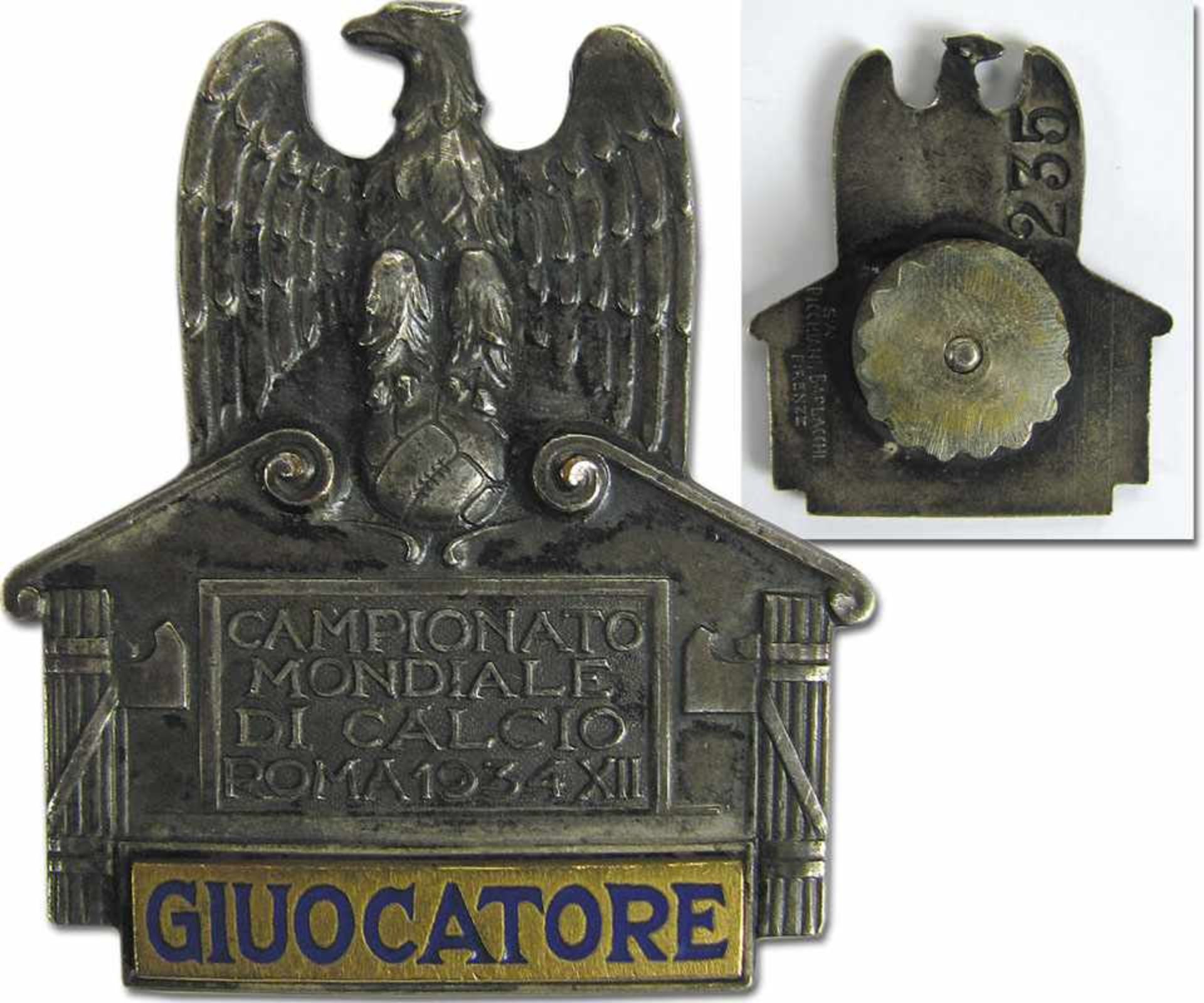 Participation Badge: World Cup 1934. Player - Numbered official badge "235", „Giuocatore“(Player),