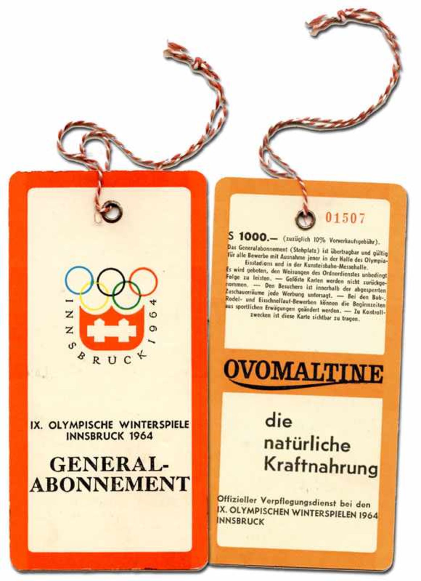 Olympic Games Innsbruck 1964 Season Ticket - Admission to all events, 12.3x5.9 cm. Extremly rare!