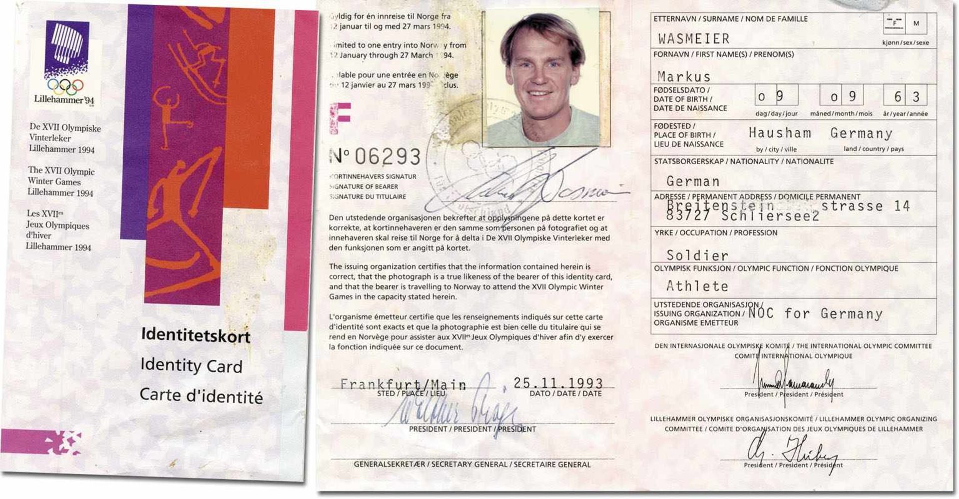 Olympic Games 1994 ID-Card Goldmedal winner - Original Olympic Games ID card from the Olympic Winter